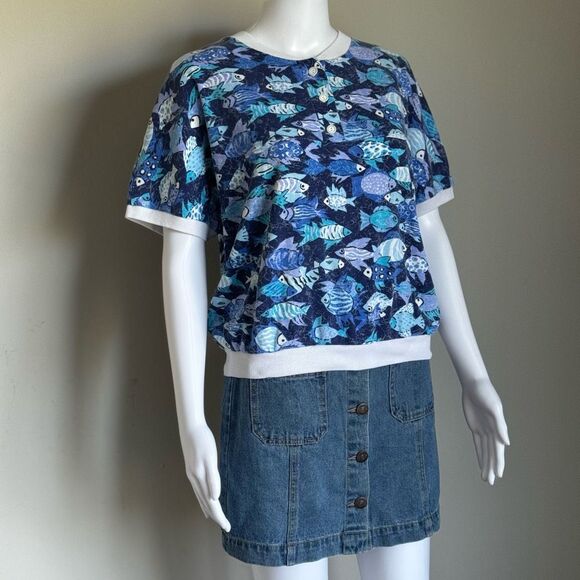 Vintage Fish Print Design Polo Style T-Shirt - Picture 2 of 8